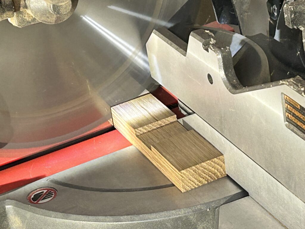 Crosscutting mallet head from white oak blank with mitersaw