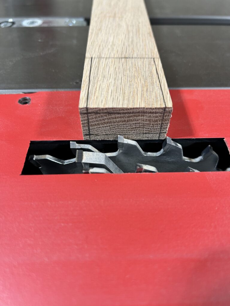 Setting dado blade height to cut tenon on handle blank